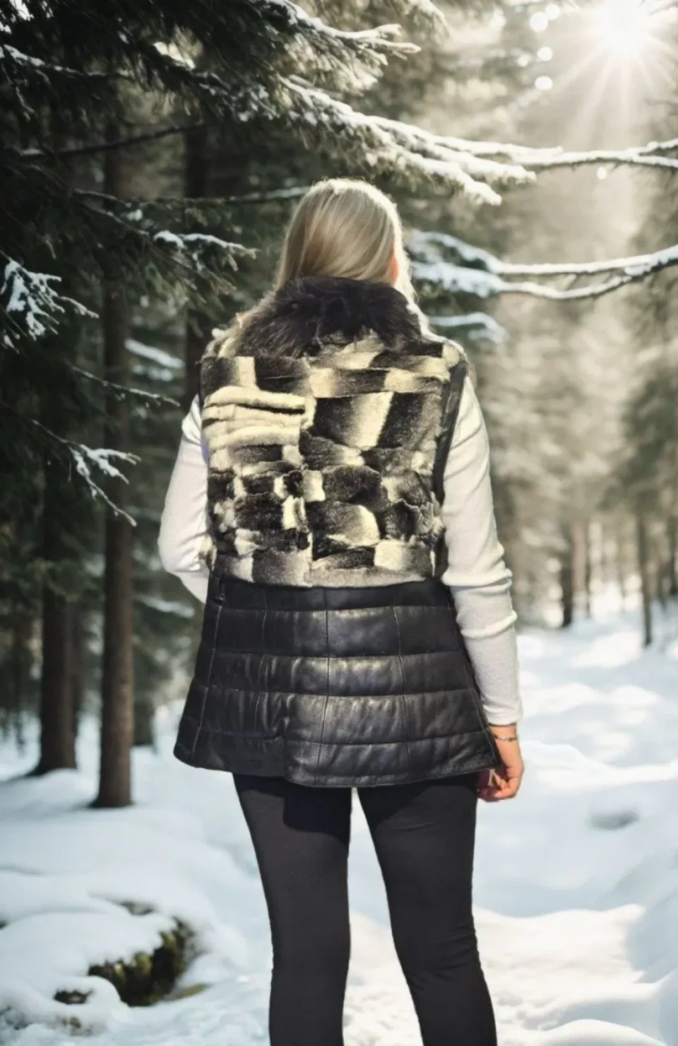 Kadın Kolsuz Hakiki Deri Kürk - Siyah