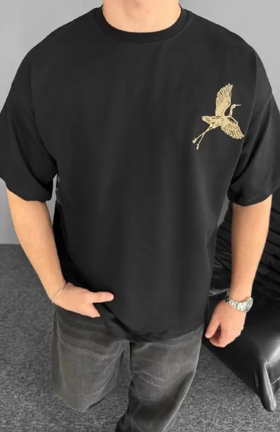 Ön ve Arka Baskılı Oversize Bisiklet Yaka T-shirt - Siyah