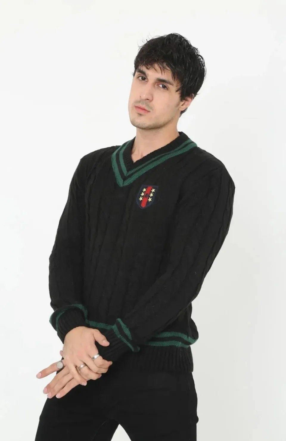 Erkek V Yaka Örgülü Kazak - Siyah