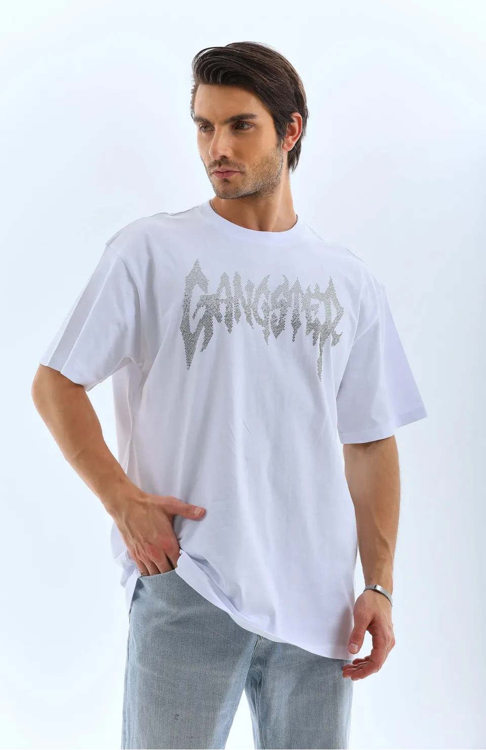 Unisex Oversize Taşlı Bisiklet Yaka T-Shirt - Beyaz