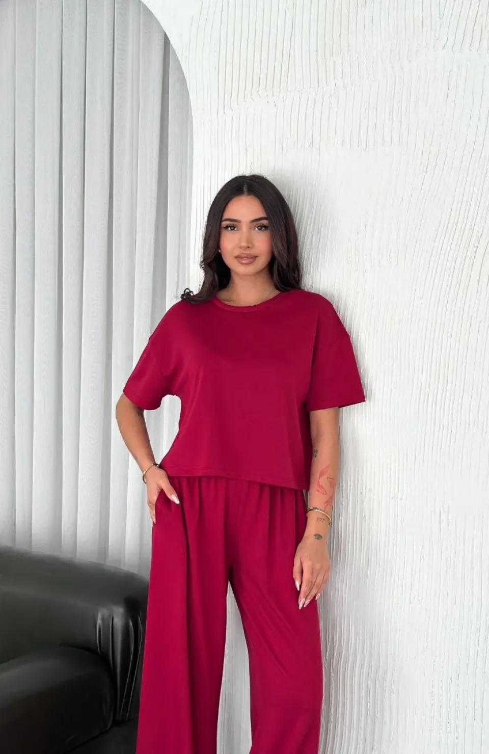 Osy Modal Yumuşak Dokulu Kumaş Bisiklet Yaka T-shirt Bol paça Pantalon ikili Takım -Bordo