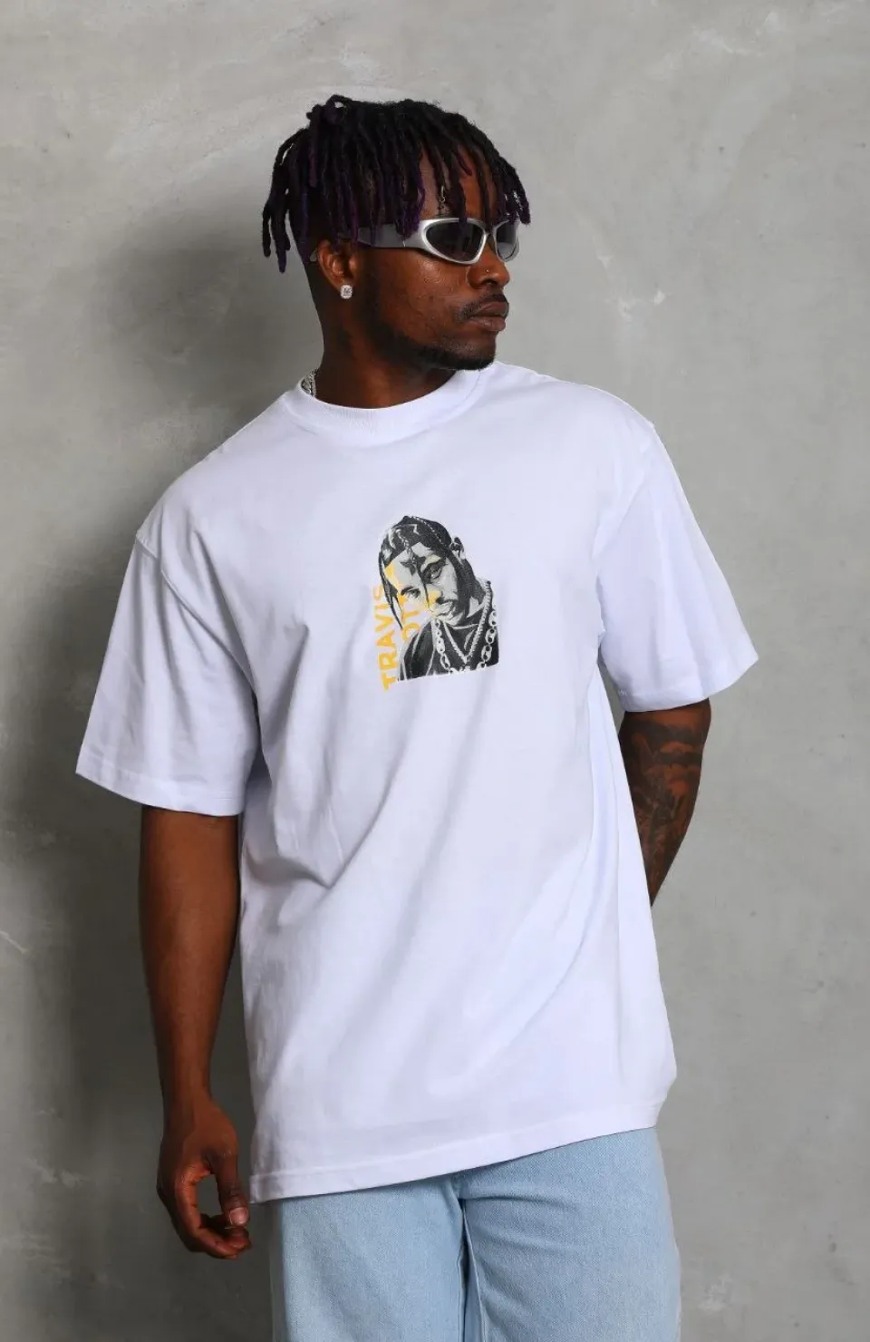 Unisex Oversize Baskılı Bisiklet Yaka T-Shirt - Beyaz