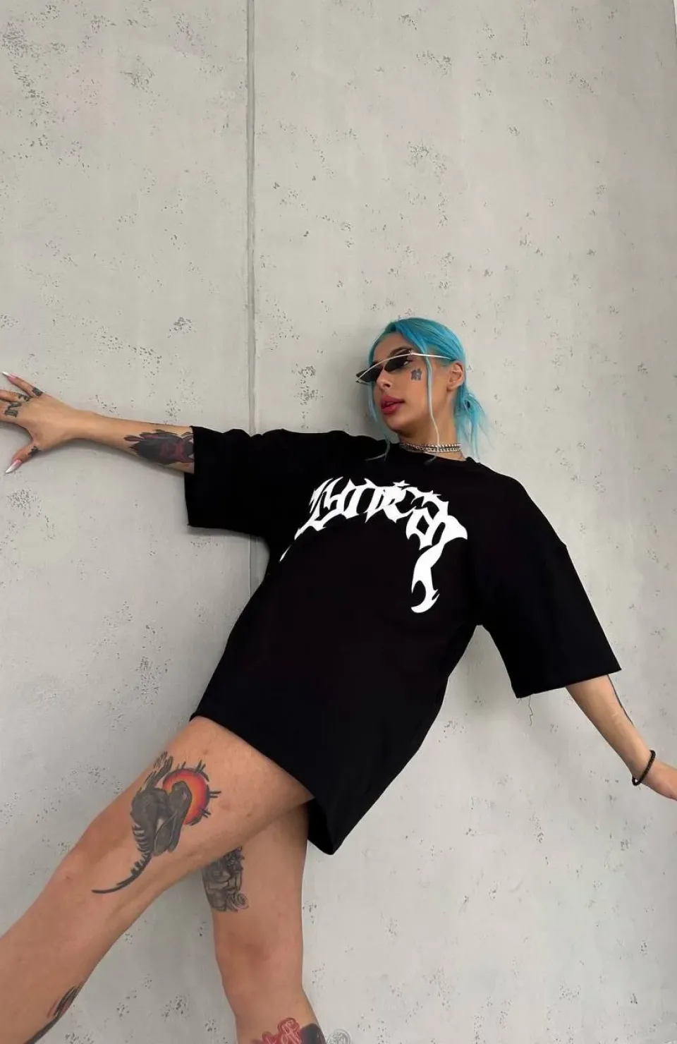 Unisex Bisiklet Yaka Baskılı Oversize T-Shirt - Siyah