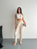 Kadın Yüksel Bel Beli Bağcıklı Rahat Boru Paça Pantalon - Kırık Beyaz