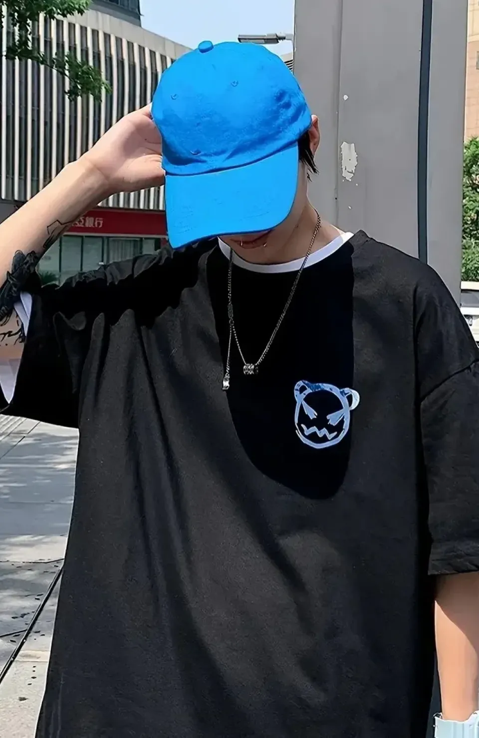 20/1 Penye Compack Bisiklet Yaka Kore tarzı sevimli ayı baskı Kısa Kol Erkek t-shirt - Siyah