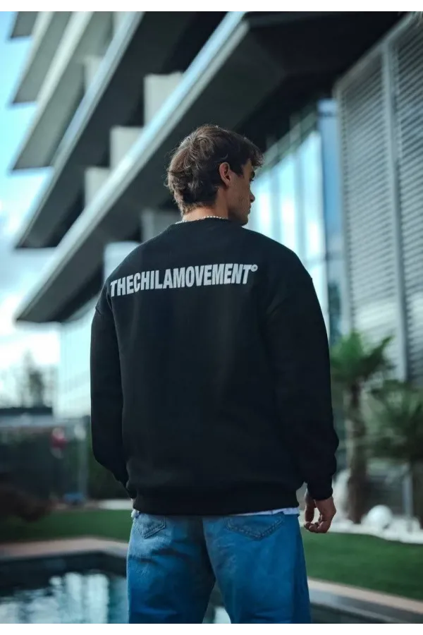 Kışlık Bisiklet Yaka Oversize Baskılı SweatShirt - Siyah