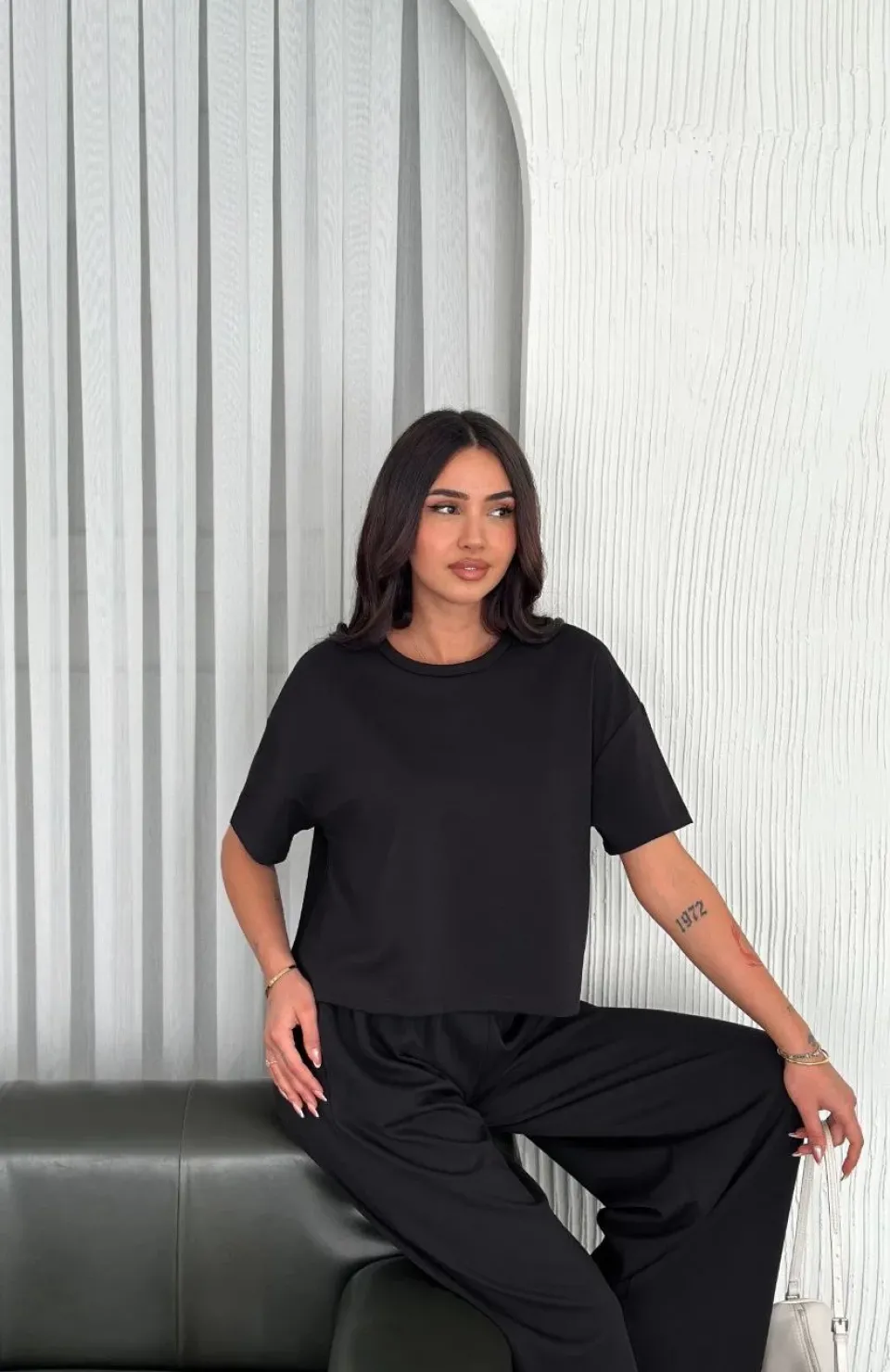 Osy Modal Yumuşak Dokulu Kumaş Bisiklet Yaka T-shirt Bol paça Pantalon ikili Takım -Siyah