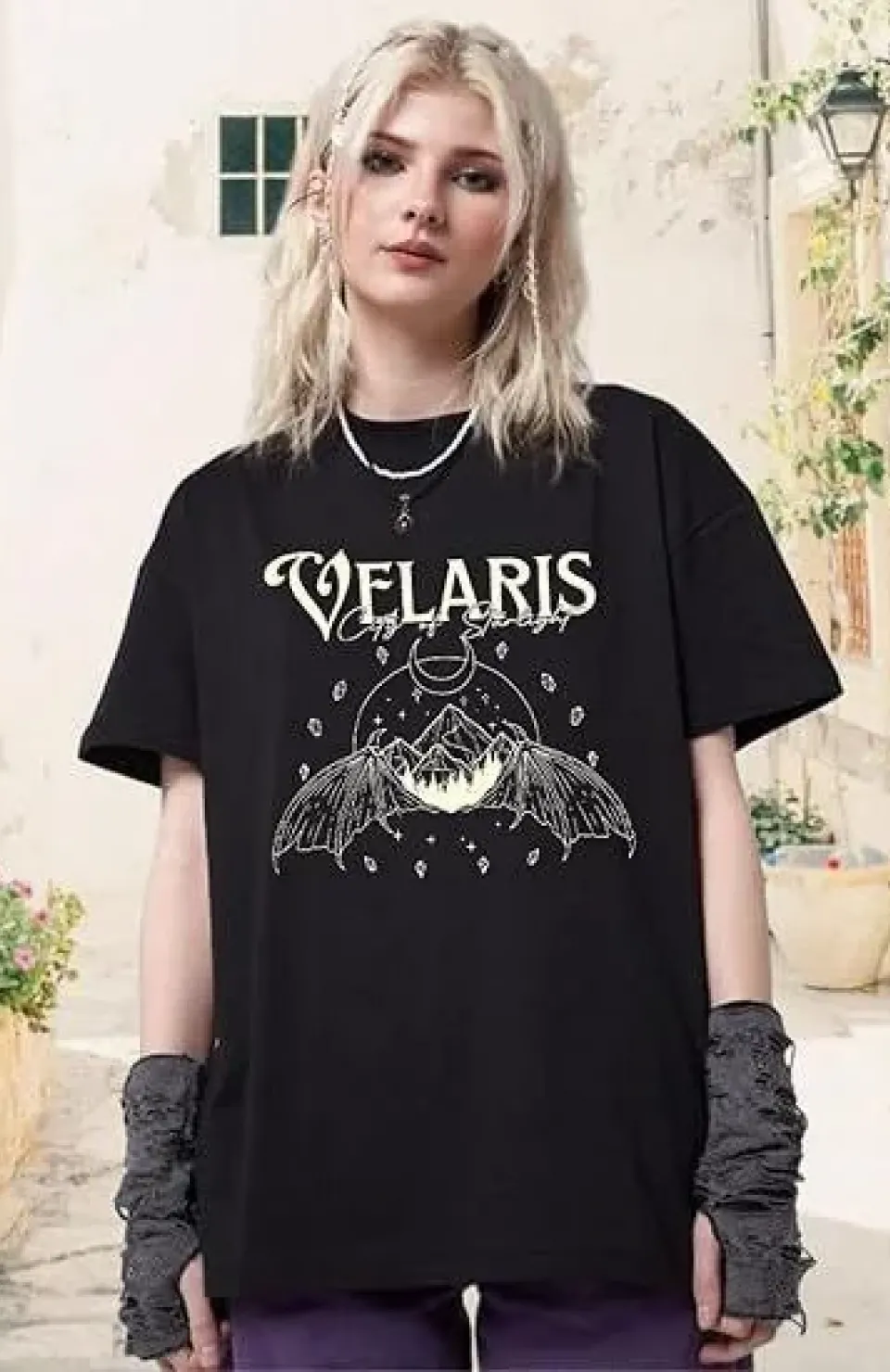 Kadın Bisiklet Yaka Baskılı T-shirt - Siyah