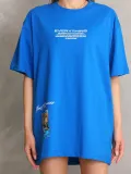 Unisex Bisiklet Yaka Baskılı Oversize T-Shirt - Mavi