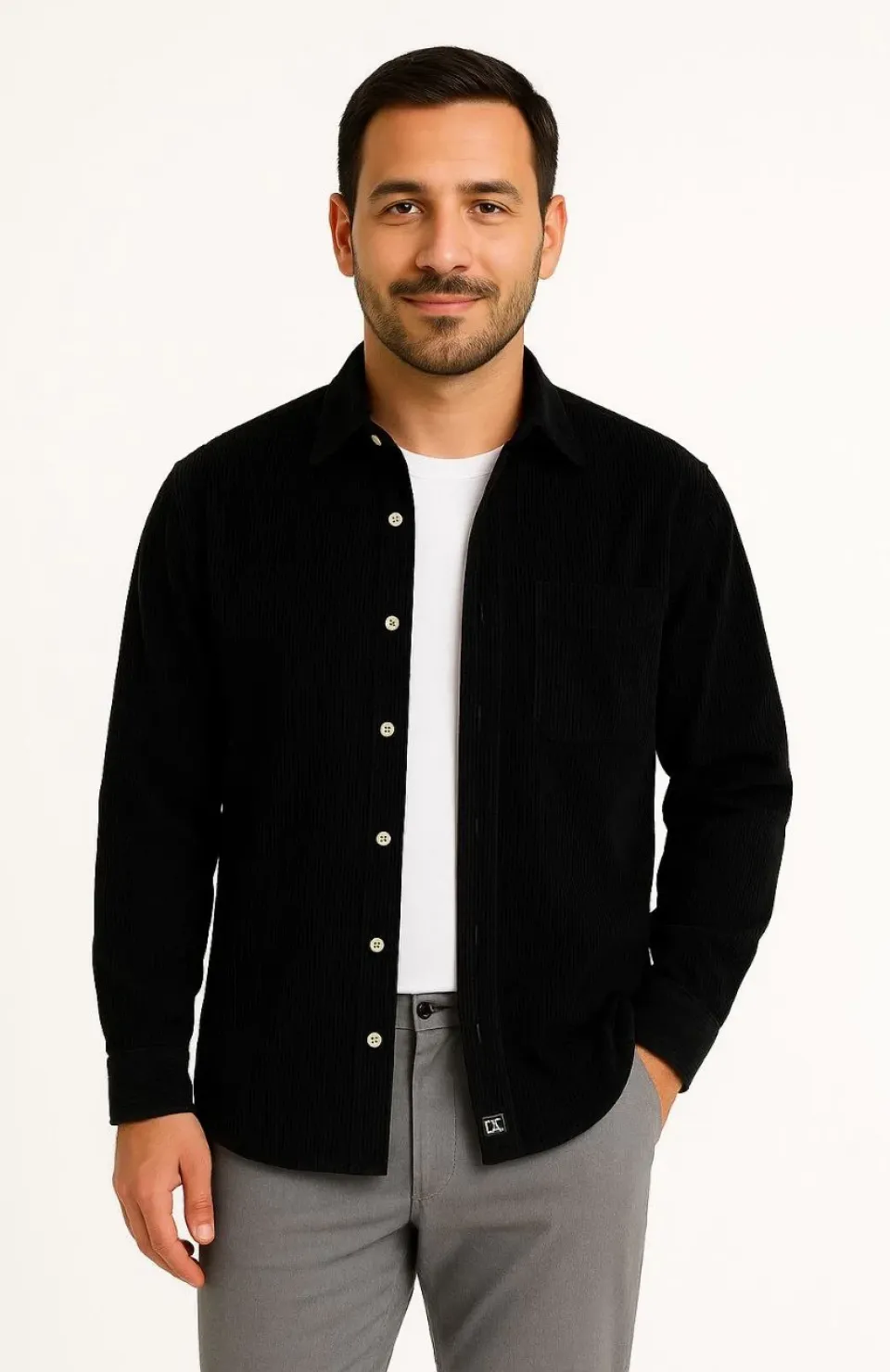 Erkek Fitilli Kadife Cepli Gömlek Oversize Rahat Kalıp - Siyah
