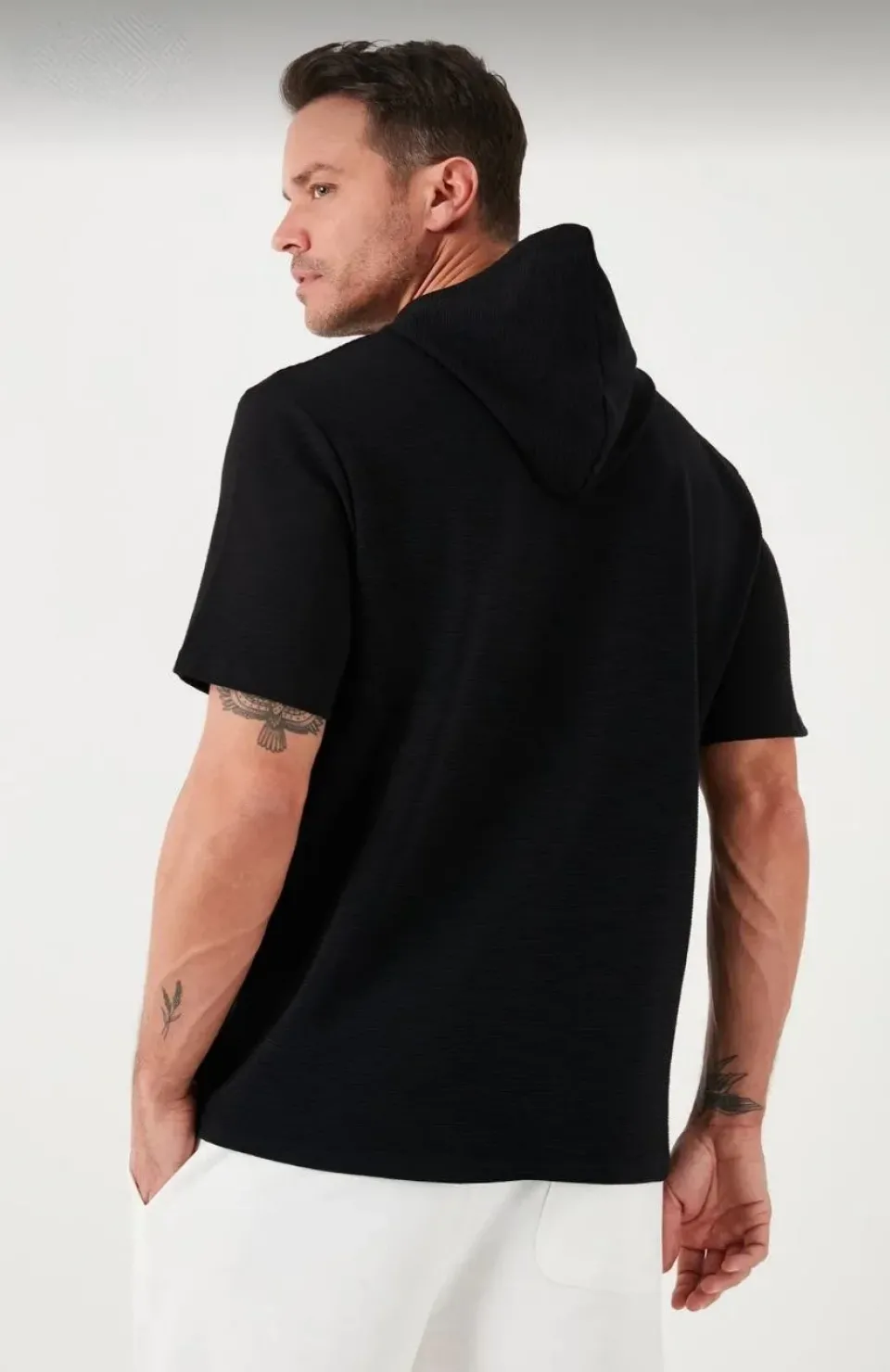 Unisex Kapşonlu Kısa Kol Düz Oversize T-shirt - Siyah