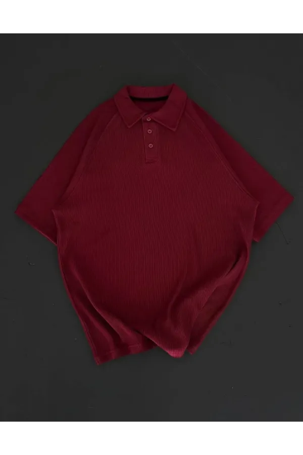 Yakalı Patlı Kısa Kol T-shirt - Bordo