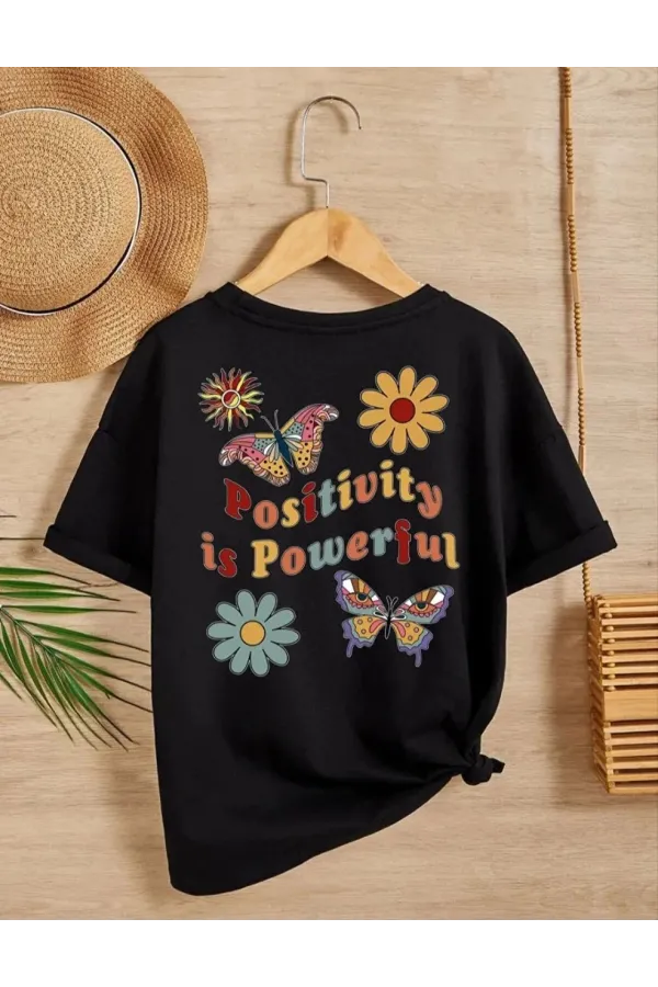 Kız Çocuk Bisiklet Yaka Baskılı T-Shirt - Siyah