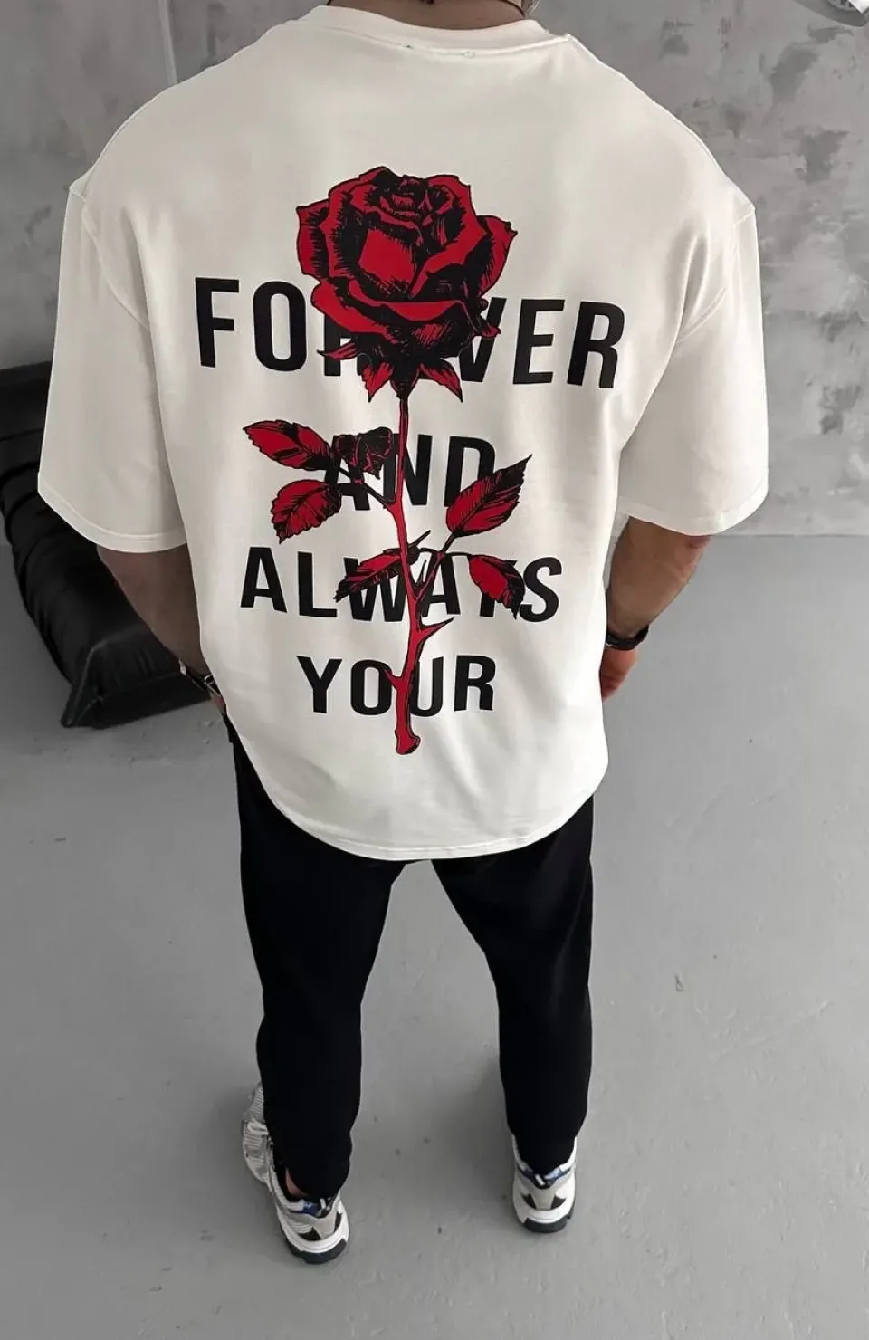 Unisex Bisiklet Yaka Baskılı Oversize T-Shirt - Beyaz