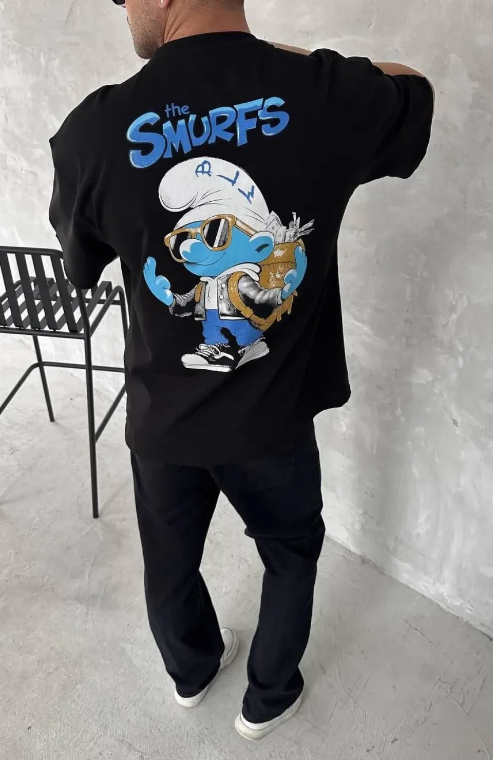 Ön ve Arka Baskılı Oversize Bisiklet Yaka T-shirt- Siyah