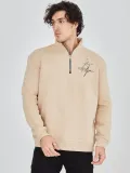 Erkek Yarım Fermuarlı Baskılı Sweat - Bej