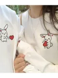 Tavşan Baskılı Sevgili Çift Kombini Kapüşonlu Sweatshirt & Hodie - Beyaz