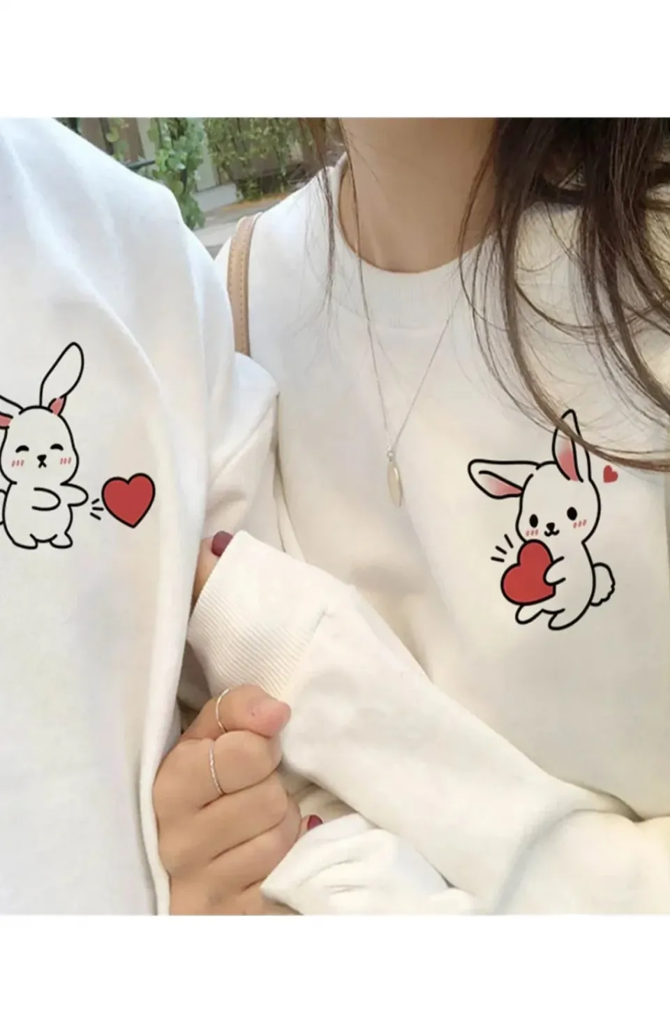 Tavşan Baskılı Sevgili Çift Kombini Kapüşonlu Sweatshirt & Hodie - Beyaz