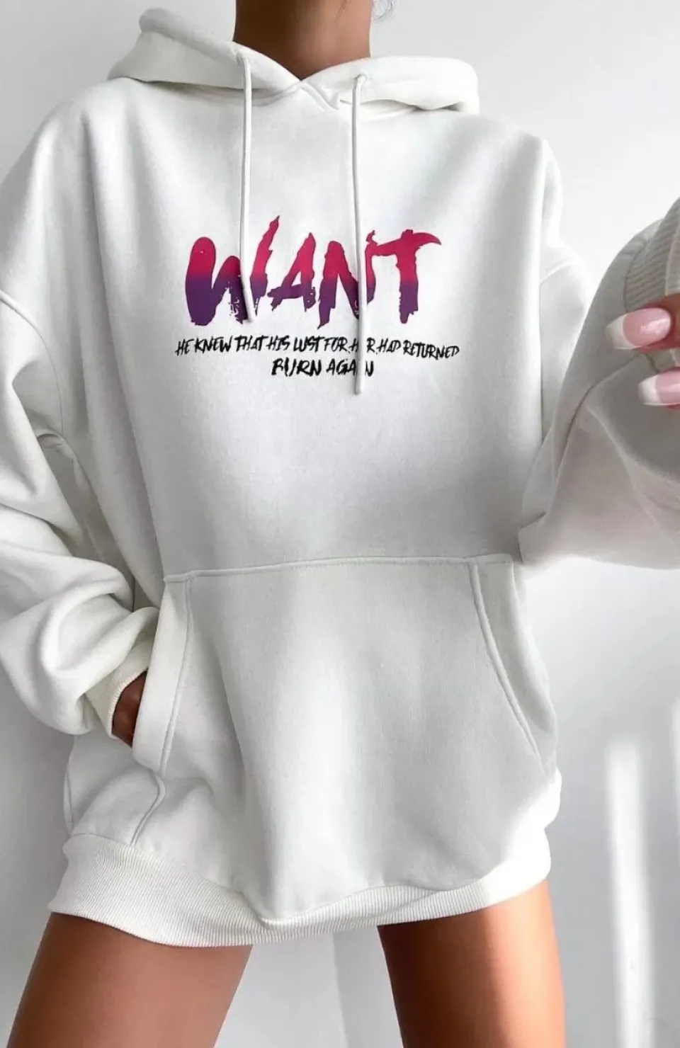 Baskılı Üç İplik Kapüşonlu Oversize Sweatshirt - Beyaz