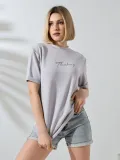 Unisex Bisiklet Yaka Baskılı Slim Fit T-Shirt - Boyalı Gri