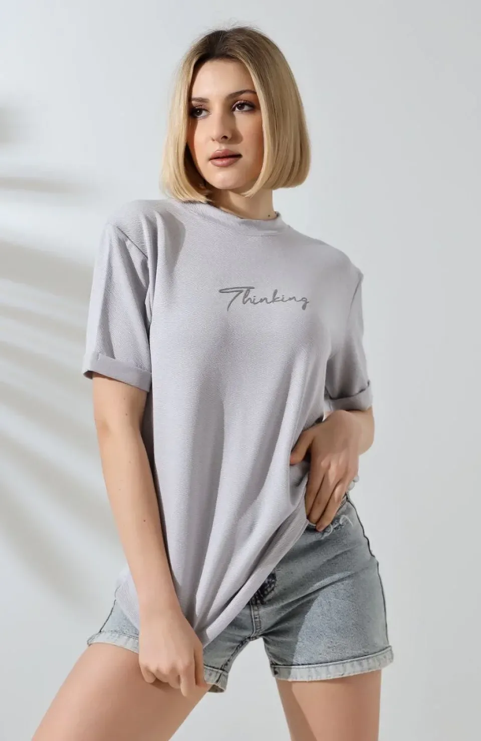 Unisex Bisiklet Yaka Baskılı Slim Fit T-Shirt - Boyalı Gri