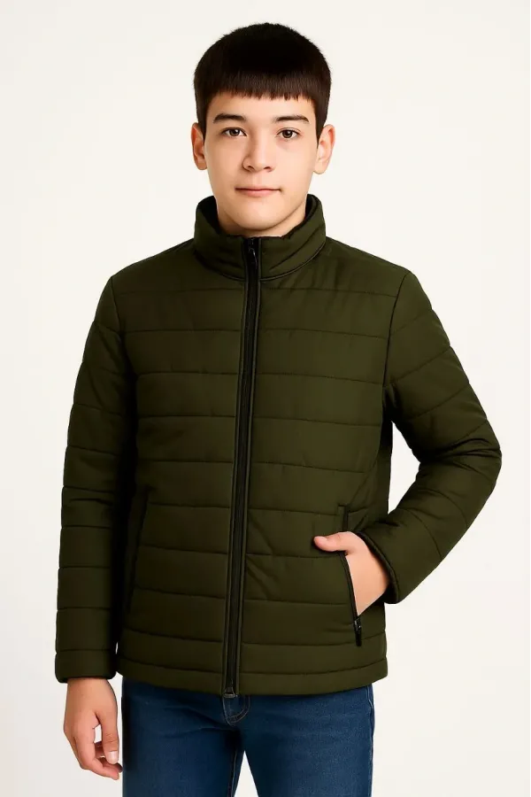 Erkek Çocuk Şişme Mont Hafif ve Sıcak Tutucu Kışlık Fermuarlı Su İtici Rahat Günlük Mont Kapüşonuz Modern Tasarım- Haki