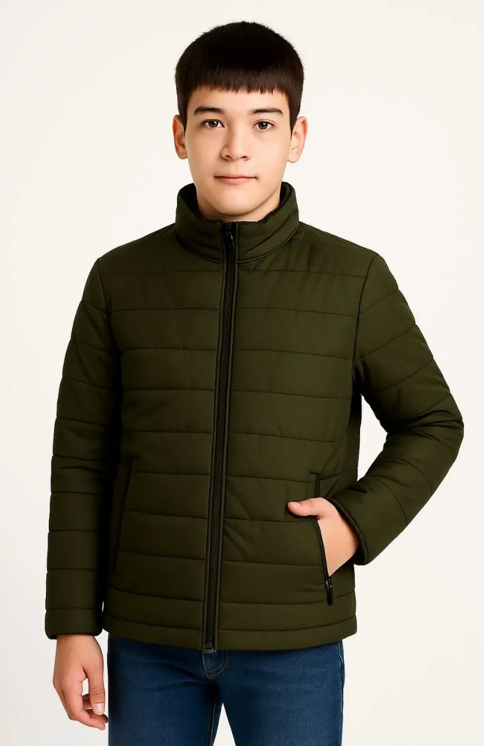 Erkek Çocuk Şişme Mont Hafif ve Sıcak Tutucu Kışlık Fermuarlı Su İtici Rahat Günlük Mont Kapüşonuz Modern Tasarım- Haki Somersan Giyim | Kadın, Erkek ve Çocuk Moda