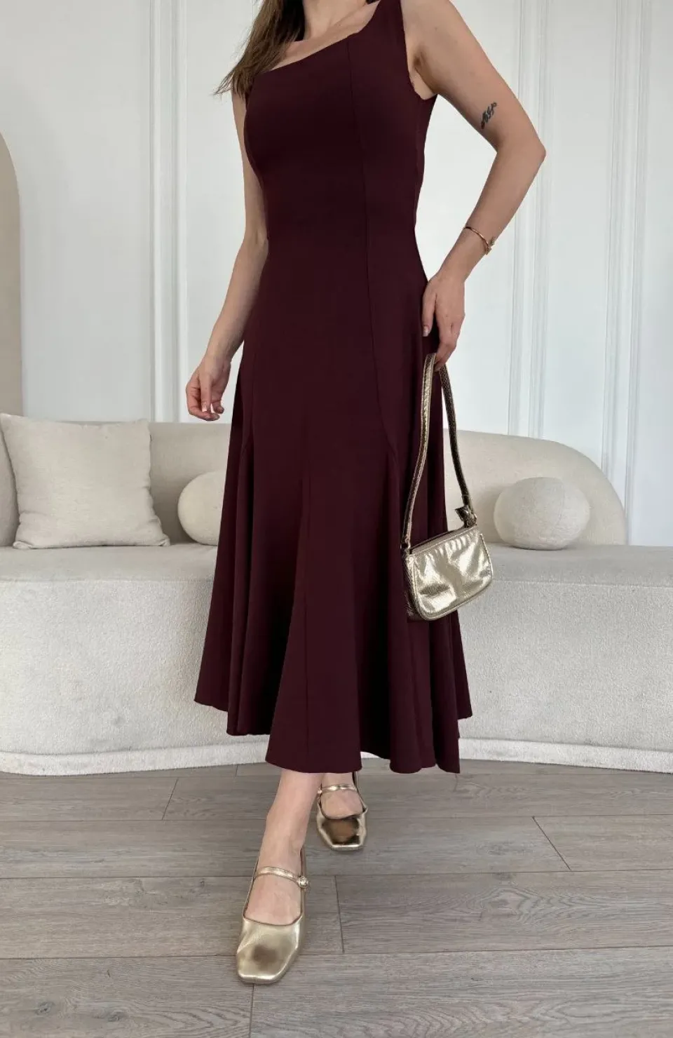 Sırt Dekolteli Kolsuz Uzun Elbise - Mürdüm