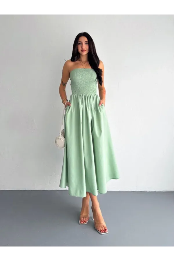 Straplez Pileli Elbise - Su Yeşili