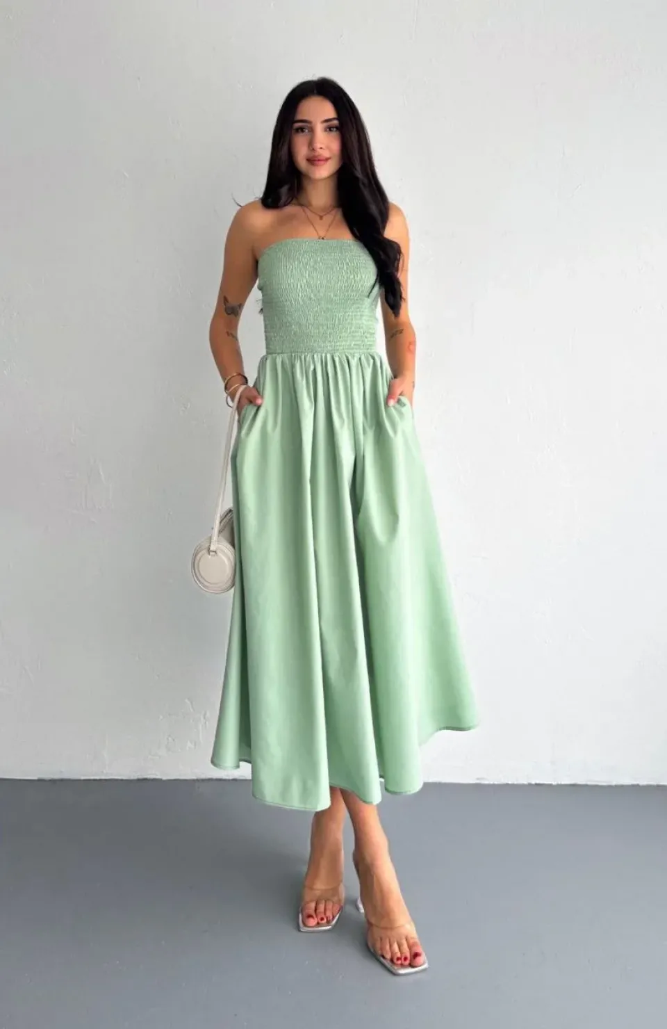 Straplez Pileli Elbise - Su Yeşili