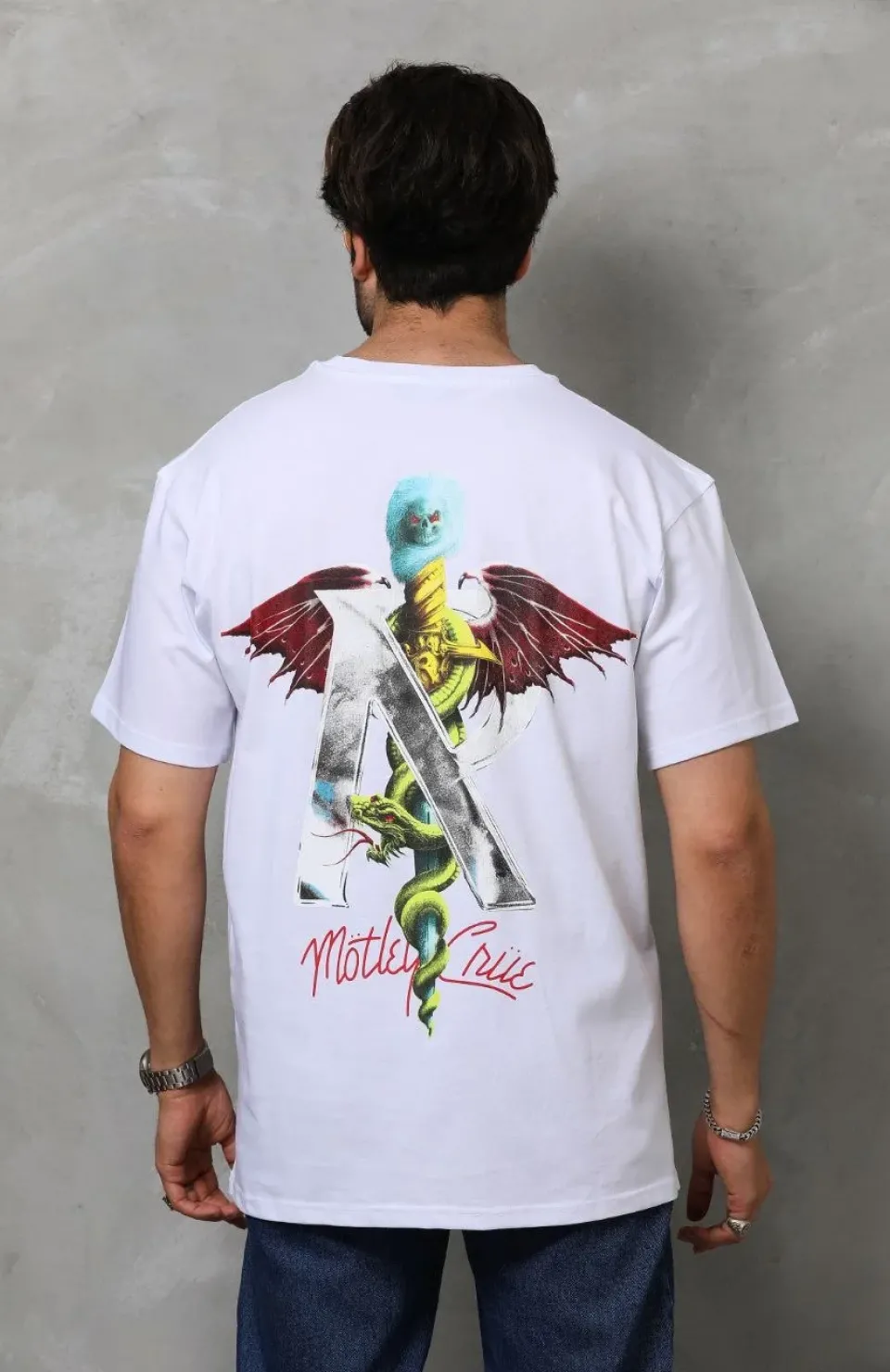 Unisex Bisiklet Yaka Baskılı Oversize T-Shirt - Beyaz