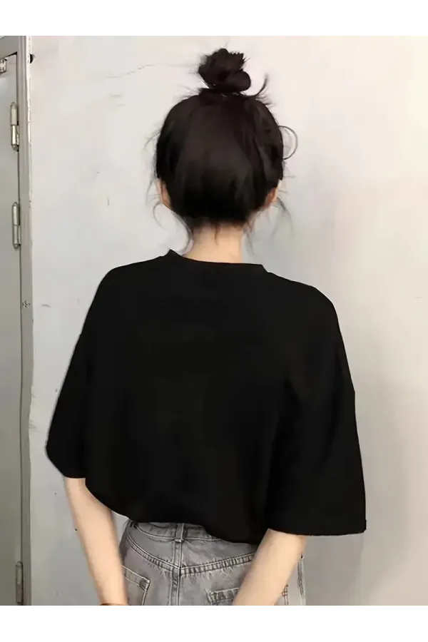 20/1 Penye Compack Baskılı Oversize Kısa Kol Bisiklet Yaka T-shirt - Siyah