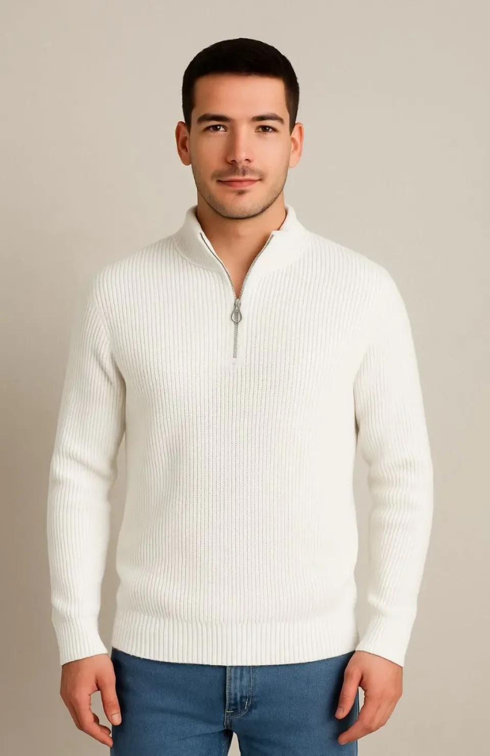 Erkek Yarım Fermuarlı Triko Kazak – Selanik Örgü, Dik Yaka, Pamuklu Dokuma, Regular Fit Uzun Kollu Kışlık Model - Beyaz Somersan Giyim | Kadın, Erkek ve Çocuk Moda