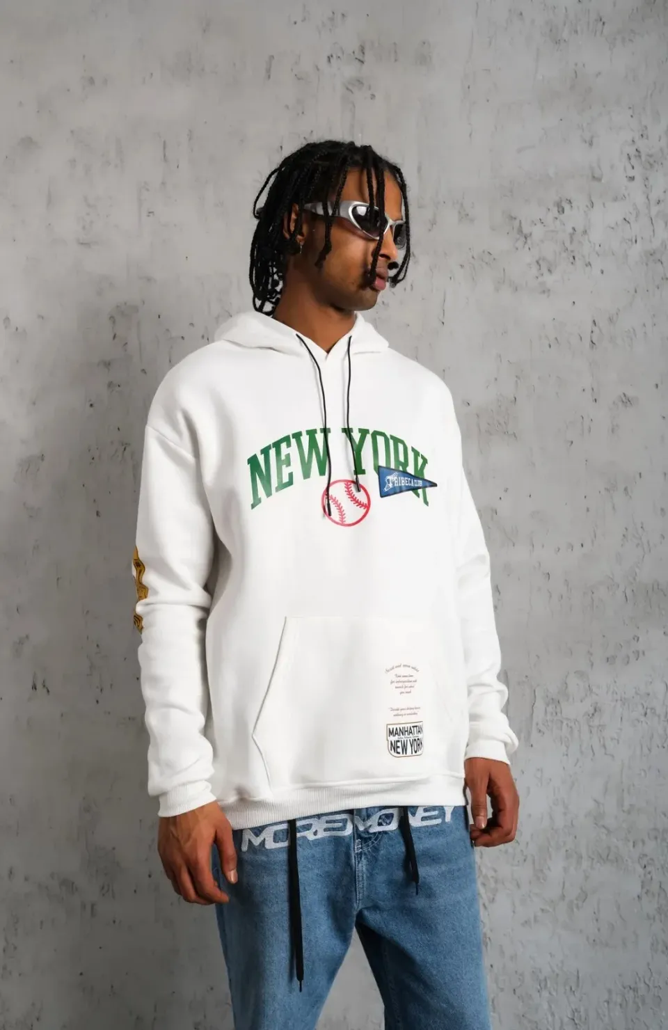 Erkek Baskılı Kapüşonlu Sweatshirt - Beyaz