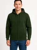 Erkek Üç İplik Kapüşonlu Tam Fermuarlı Kanguru Cepli Sweatshirt Hoodie - Haki