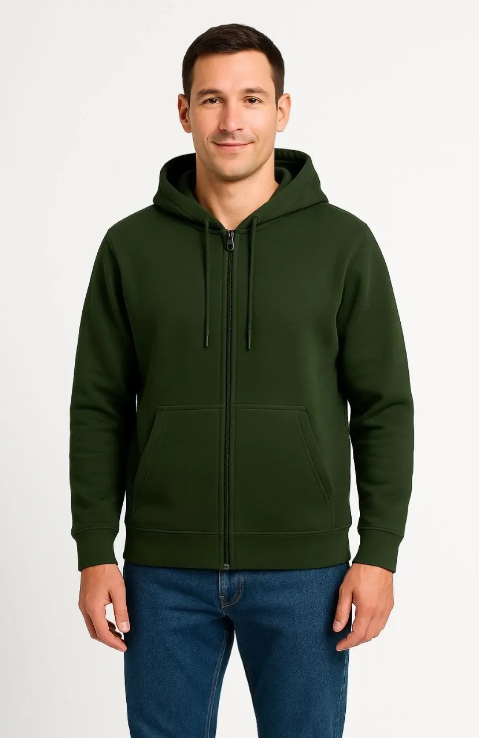 Erkek Üç İplik Kapüşonlu Tam Fermuarlı Kanguru Cepli Sweatshirt Hoodie - Haki