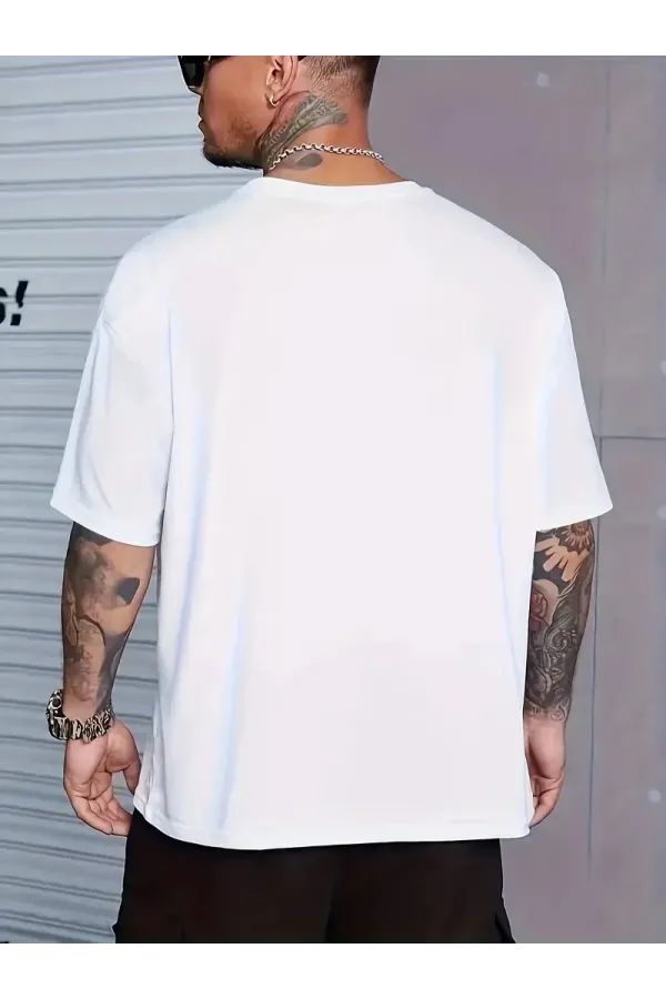 Sporda Günlük Hayata Giyilebilir GYM Baskılı Oversize Bisiklet Yaka Erkek T-shirt - Beyaz