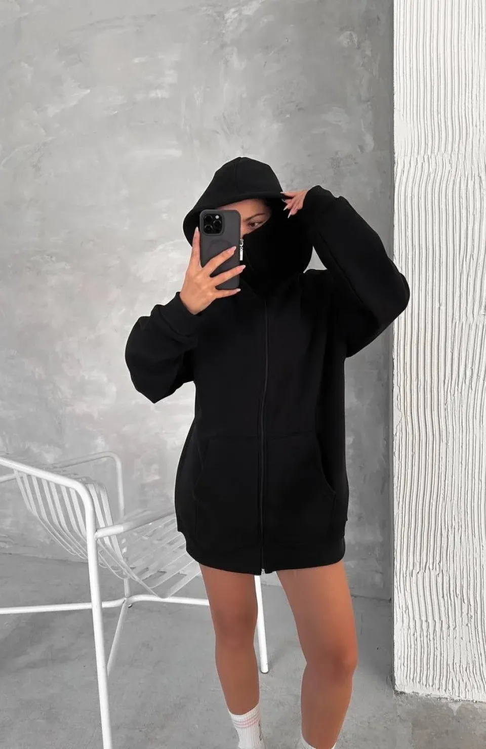 Samuray ZIP Fermuarlı Kapüşonlu SweatShirt- Siyah