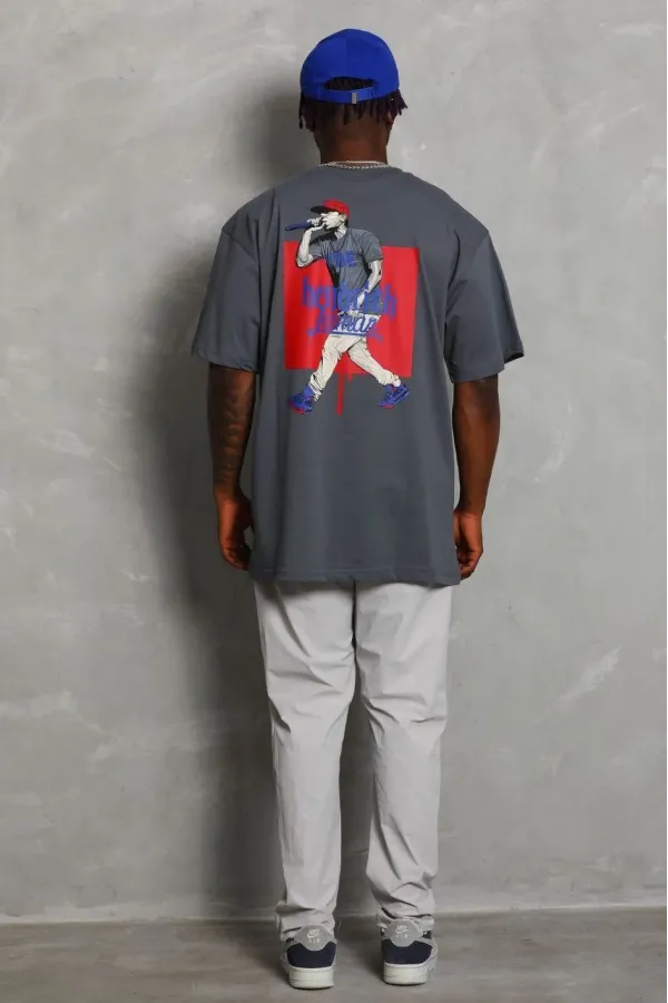 Unisex Oversize Baskılı Bisiklet Yaka T-Shirt - Füme