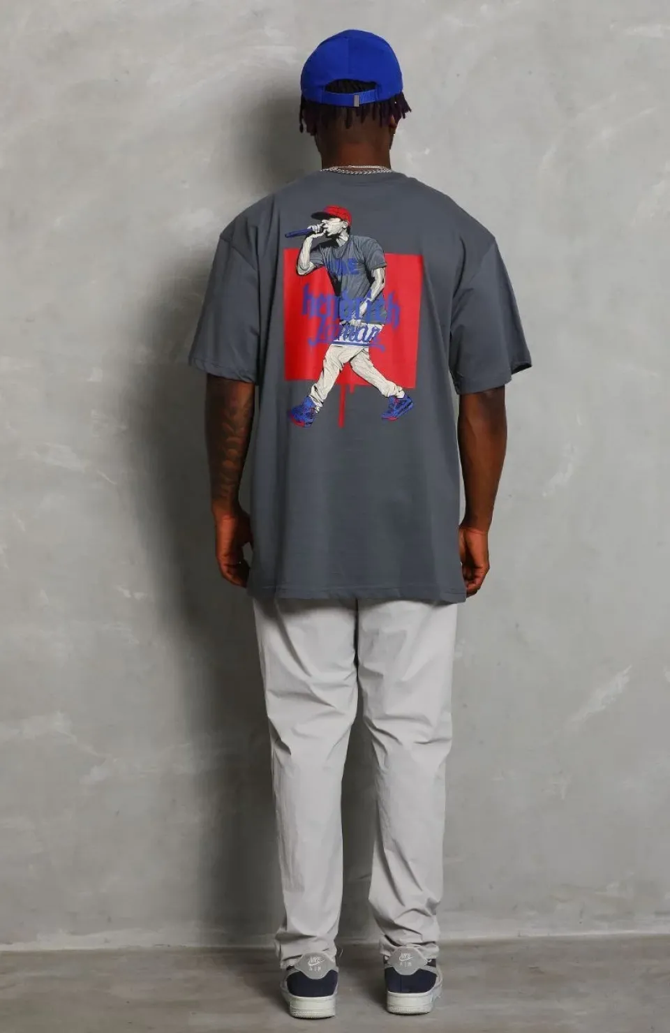 Unisex Oversize Baskılı Bisiklet Yaka T-Shirt - Füme