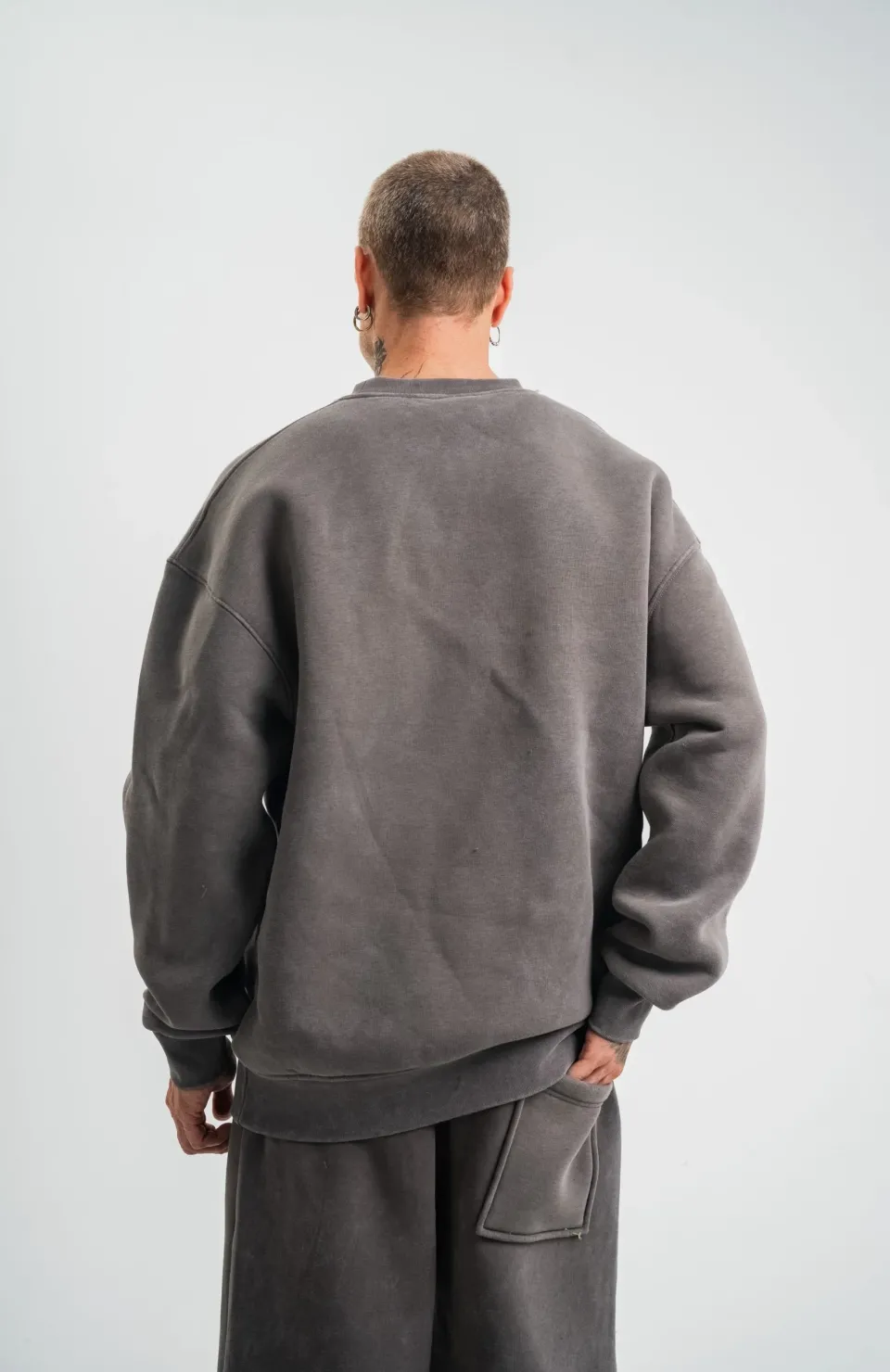 Unisex Uzun Kol Bisiklet Yaka Yıkamalı SweatShirt - Füme