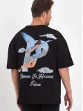Erkek Melek Baskılı Oversize T-shirt - Siyah