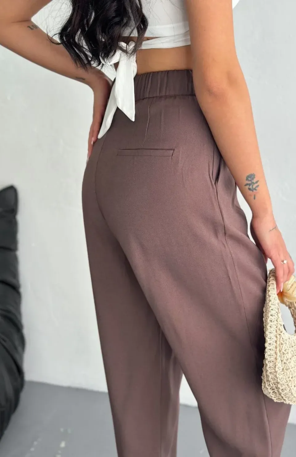 Kadın Yüksel Bel Rahat Boru Paça Pantalon - Kahverengi