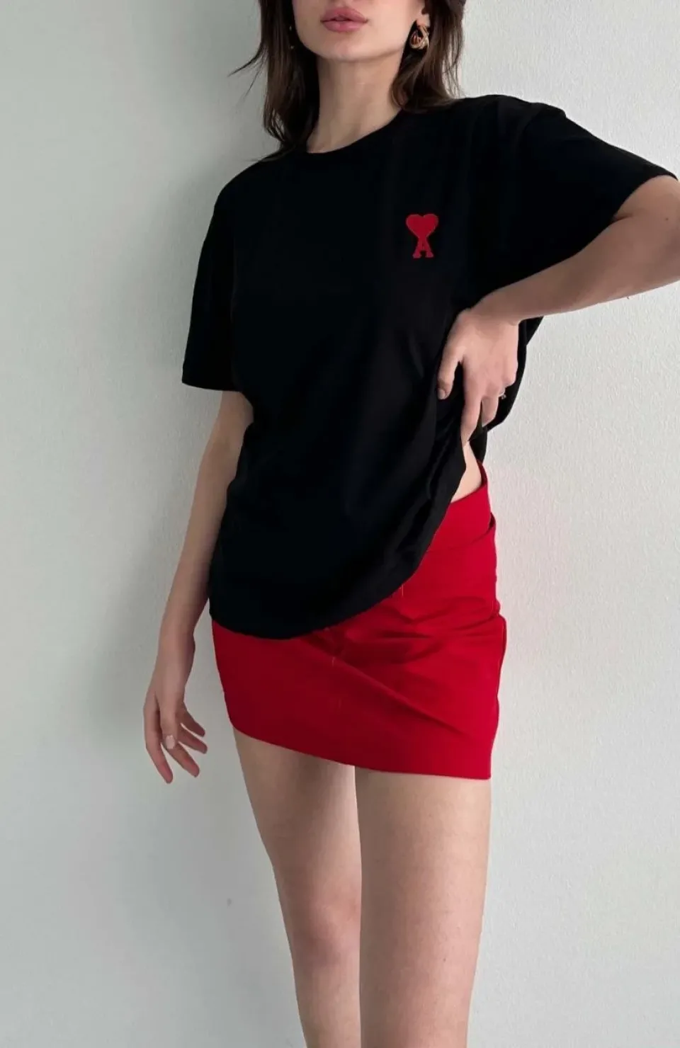 Unisex Bisiklet Yaka Baskılı Oversize T-Shirt - Siyah