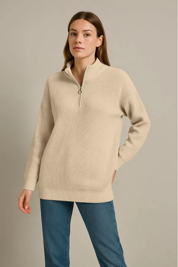 KADIN Yarım Fermuarlı Triko Kazak – Selanik Örgü, Dik Yaka, Pamuklu Dokuma, Oversize Uzun Kollu Kışlık Model - Bej