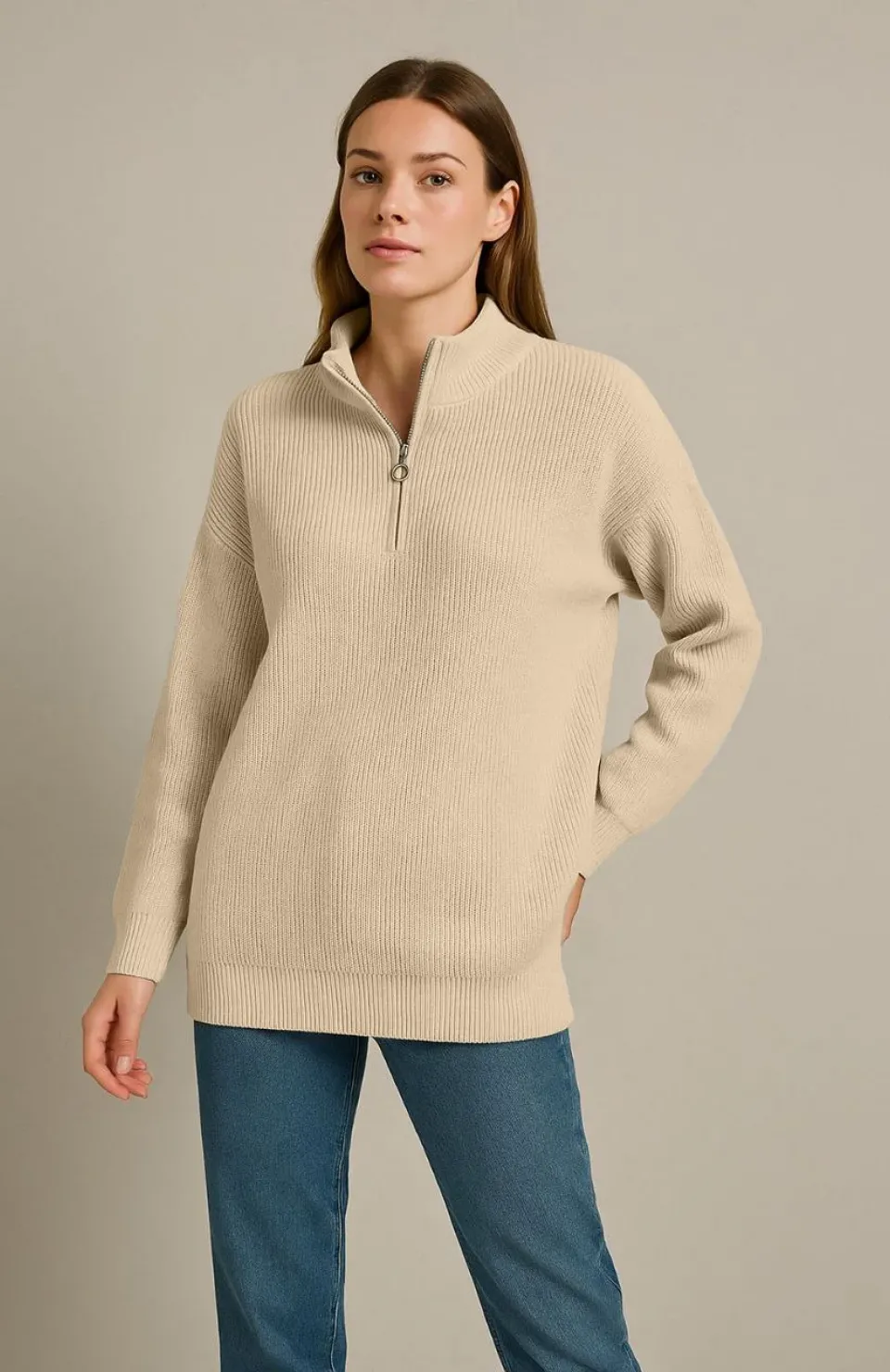 KADIN Yarım Fermuarlı Triko Kazak – Selanik Örgü, Dik Yaka, Pamuklu Dokuma, Oversize Uzun Kollu Kışlık Model - Bej