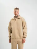 Unisex Double Oversize Patlı Yaka SweatShirt - Bej