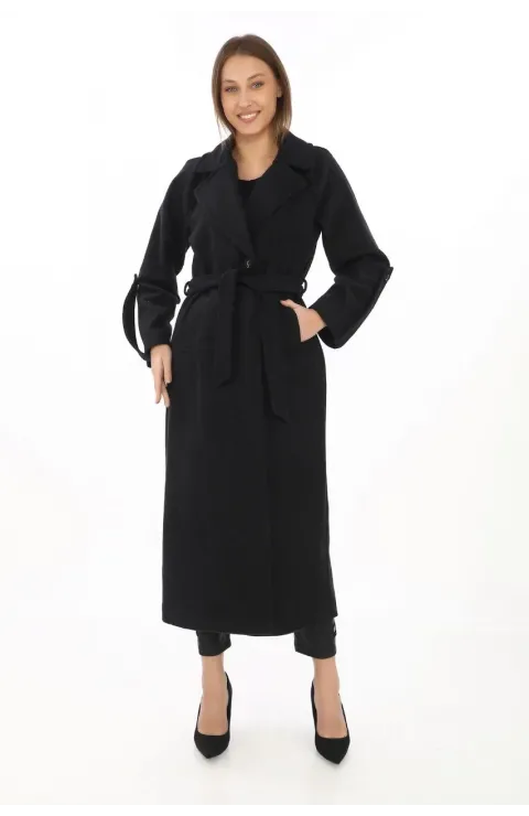 Kadın Kolu Apoletli Astarlı Kaşmir Kaşe Kaban - Siyah