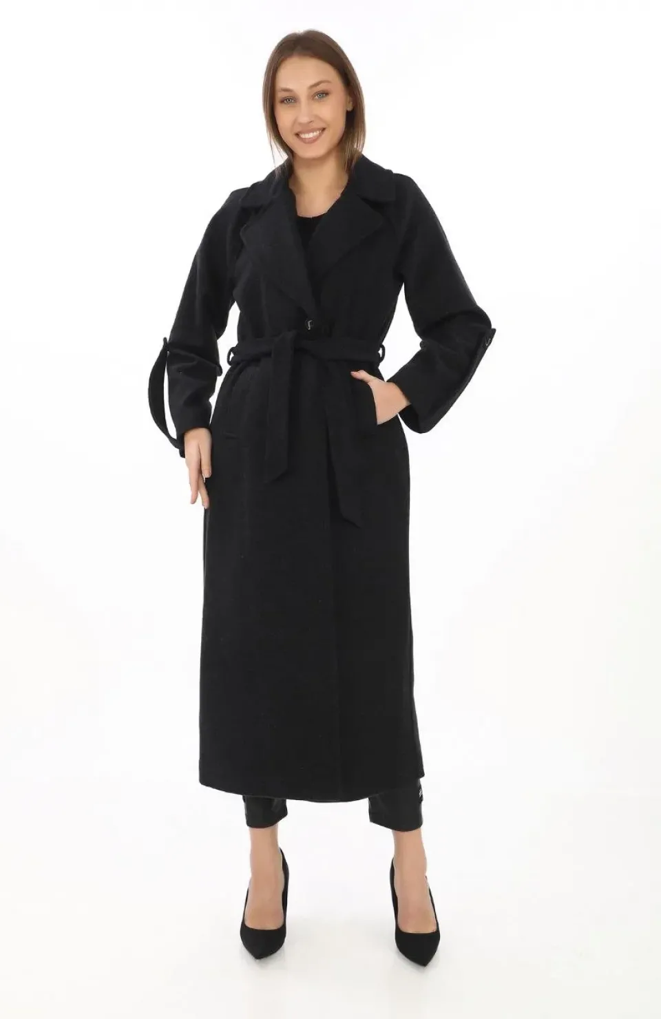 Kadın Kolu Apoletli Astarlı Kaşmir Kaşe Kaban - Siyah Somersan Giyim | Kadın, Erkek ve Çocuk Moda