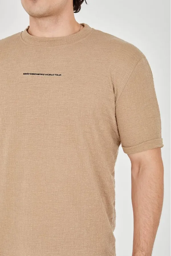 Unisex Jakar Kumaş Slim Fit T-Shirt - Kahverengi